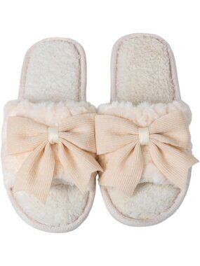 Women's Beige Fuzzy Bow House Slippers Memory Foam Slides Open Toe Plush Fleece